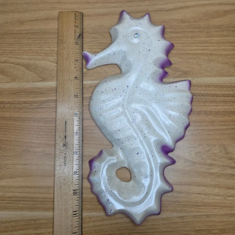 Vintage 3 Seahorse MCM Chalkware Wall Decorations Cream and Purple Beach House